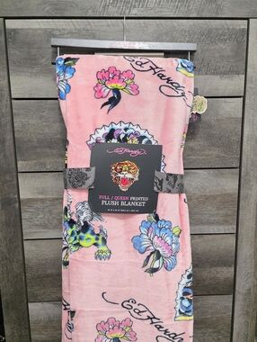 Ed Hardy QUEEN Japanese Guardian Lion Shishi Foo Dog Pink Blanket 90x90 New